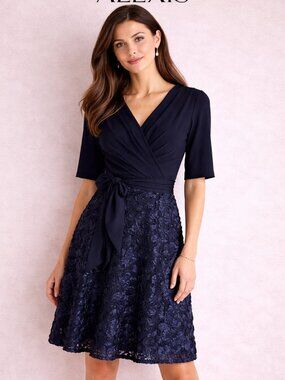 Alex Evenings Dress 10 Navy Midi Sequin Lace Rosette Tea Length Cocktail Formal